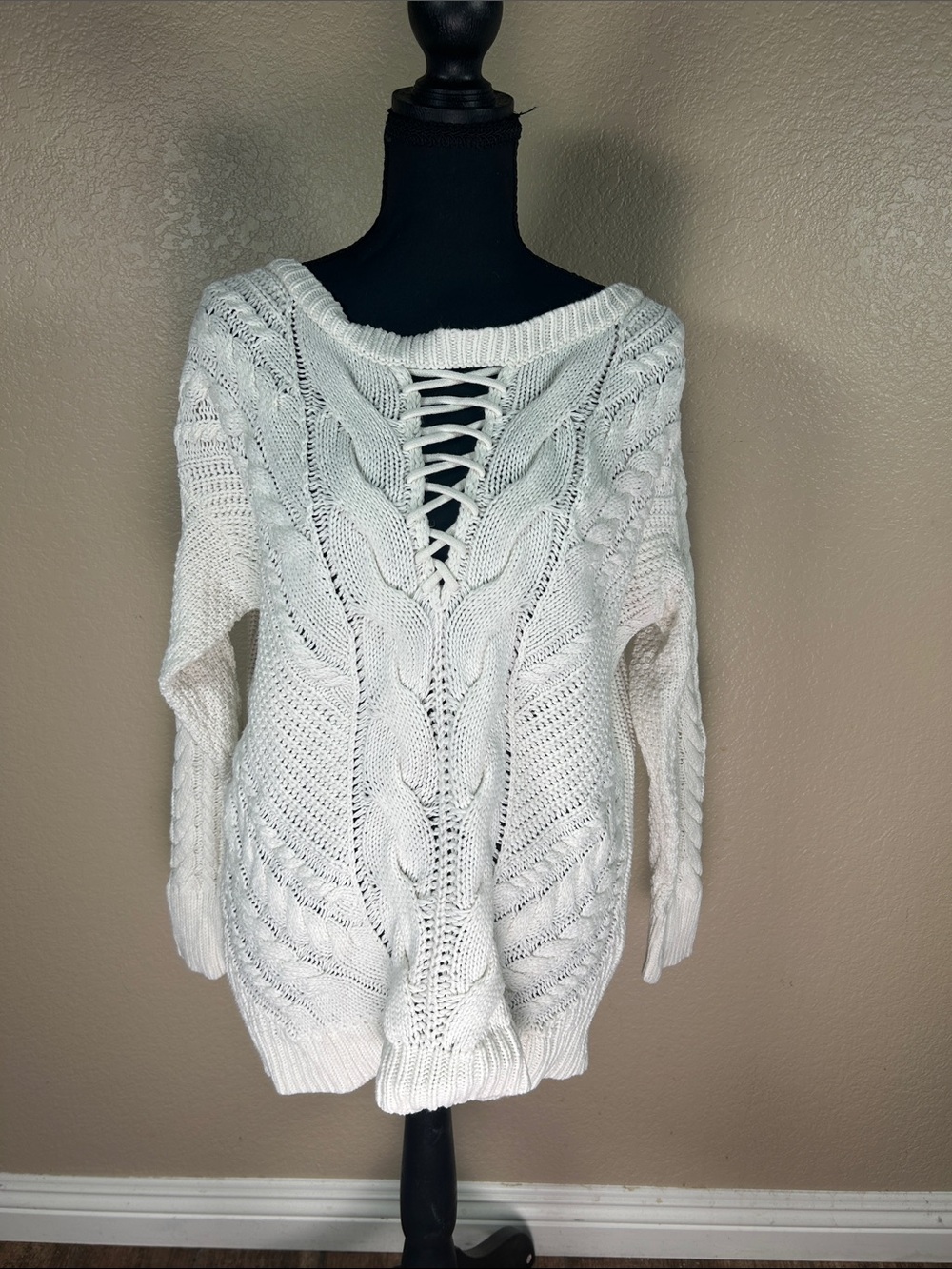 Express Cream Cable Knit Lace-Up Neck Sweater Size Large